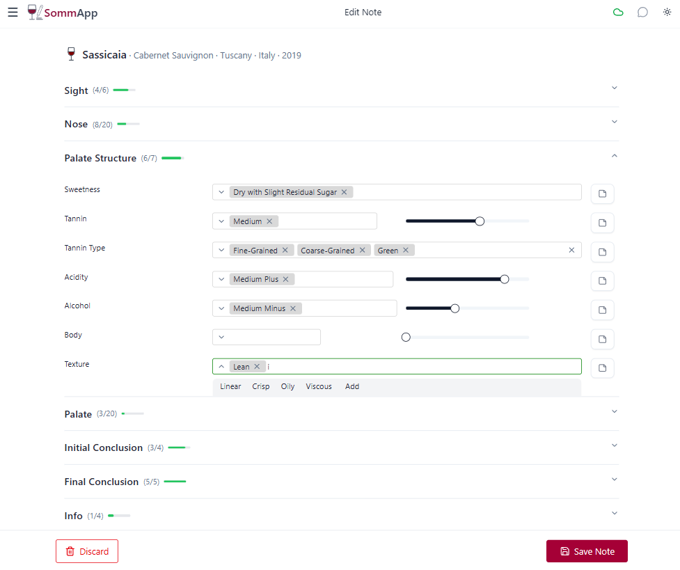 SommApp CMS deductive tasting form showing Palate Structure fields