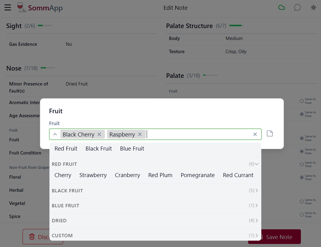 SommApp grid view — tasting note sections side by side with fruit multiselect open